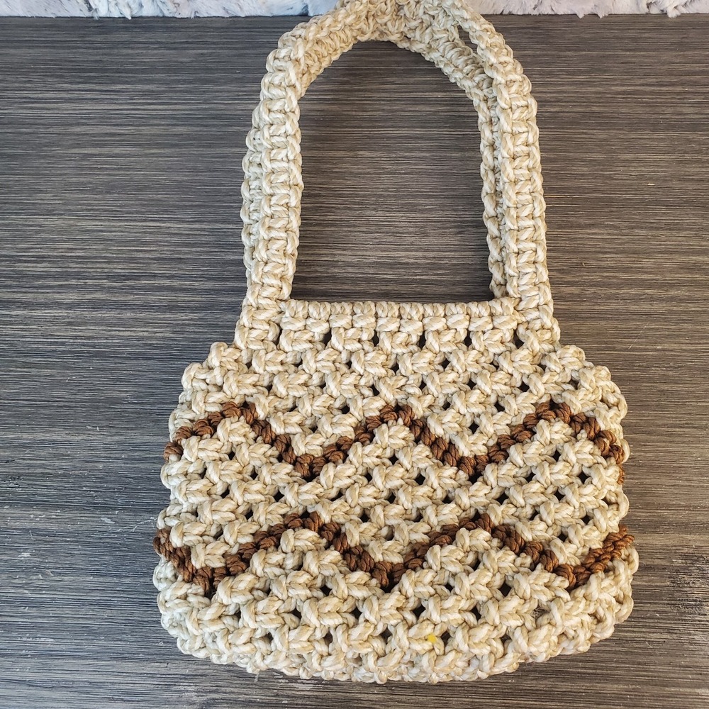 Beige Macrame Shoulder‎ Purse With Brown Zig Zag Design Handmade